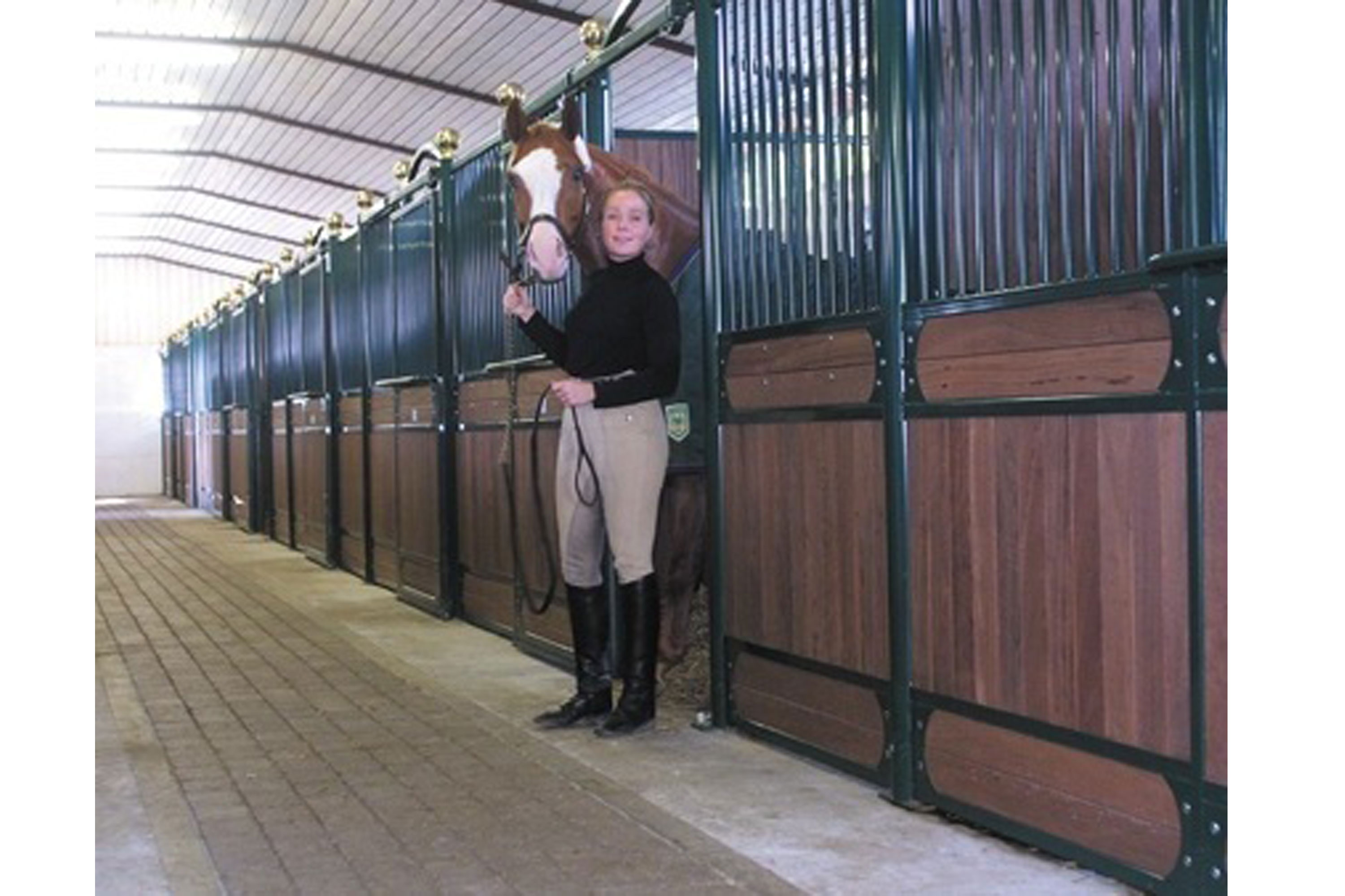 Avantgarde hestebokser, her i varmgalvanisert og lakkert grønn utgave, er enkle å føre hestene inn i og ut av.